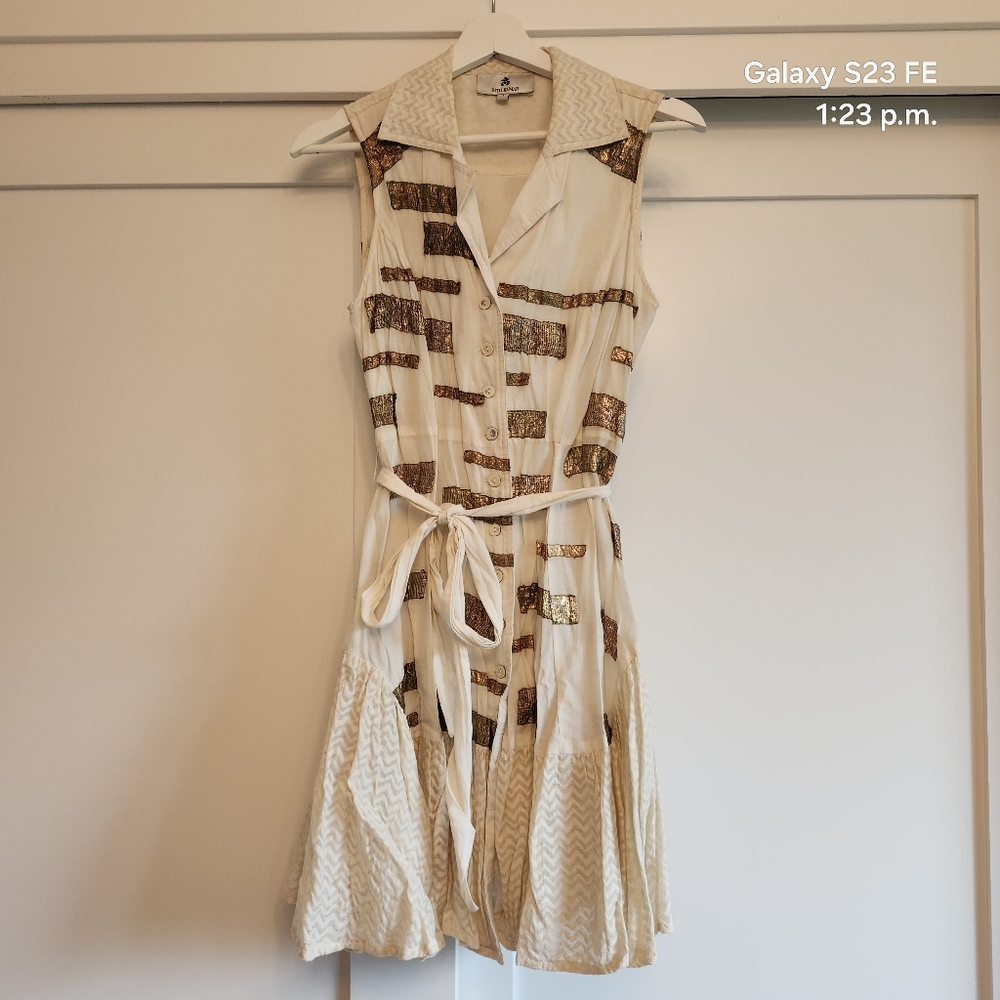 Ritu Kumar Cream Pleated Midi Sundress with Gold Accents